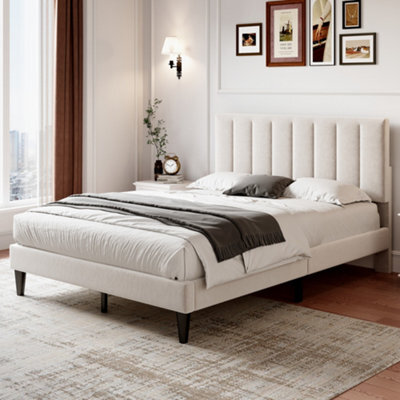 BTM 4Ft6 Double Upholstered Velvet Bed, Adjustable Channel-Tufted Headboard, Beige (No Mattress) - image 1