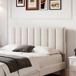 BTM 4Ft6 Double Upholstered Velvet Bed, Adjustable Channel-Tufted Headboard, Beige (No Mattress) - thumbnail 3