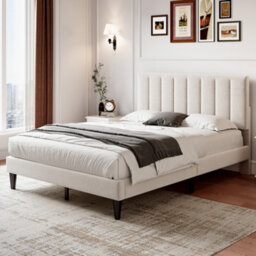 BTM 4Ft6 Double Upholstered Velvet Bed, Adjustable Channel-Tufted Headboard, Beige (No Mattress)