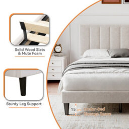 BTM 4Ft6 Double Upholstered Velvet Bed, Adjustable Channel-Tufted Headboard, Beige (No Mattress) - thumbnail 6