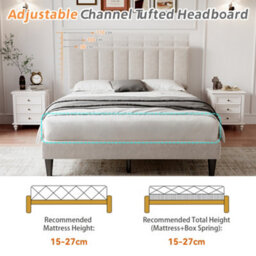 BTM 4Ft6 Double Upholstered Velvet Bed, Adjustable Channel-Tufted Headboard, Beige (No Mattress) - thumbnail 4