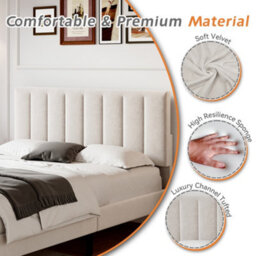 BTM 4Ft6 Double Upholstered Velvet Bed, Adjustable Channel-Tufted Headboard, Beige (No Mattress) - thumbnail 5