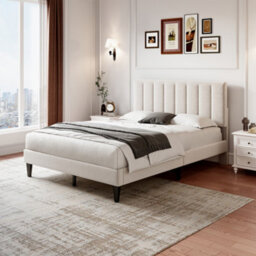BTM 4Ft6 Double Upholstered Velvet Bed, Adjustable Channel-Tufted Headboard, Beige (No Mattress) - thumbnail 8