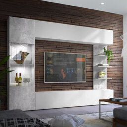 Lazando Wall Unit For Living Room With Led Lights And Tv Space 160X116 Cm White And Concrete