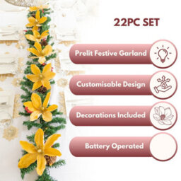 Marco Paul 9Ft Pre-Lit Garland With Red & Gold Poinsettia - thumbnail 4