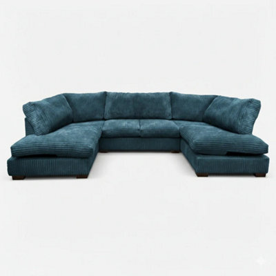 Sofaselectionuk Ltd Jumbo Cord U Shaped Full Back Sofa In Blue Colour Large 6 To 7 Seater With Supportive Memory Foam Seating - image 1