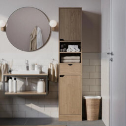 Wooden Tall Bathroom Cabinet Storage Unit Oak Finish Modern 170Cm - thumbnail 3