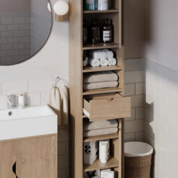 Wooden Tall Bathroom Cabinet Storage Unit Oak Finish Modern 170Cm - thumbnail 4