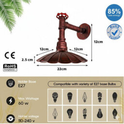 " Industrial Vintage Water Pipe Wall Light With Umbrella Metal Shade Red Finish E27" - thumbnail 2