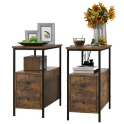 Wyld Haus Mirayo Set Of 2 Narrow Industrial Side Tables With 2 Drawers And Shelves, Rustic Brown - thumbnail 2