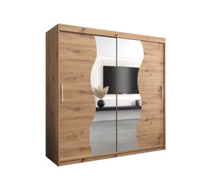 Arte Madrid Contemporary 2 Mirrored Sliding Door Wardrobe 9 Shelves 2 Rails Oak Artisan Effect (H)2000mm (W)2000mm (D)620mm - image 1