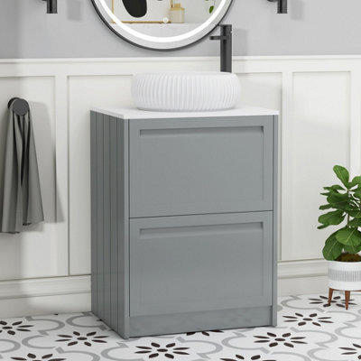 Royal Bathrooms Royal Bathroom Elmore 600mm Matt Pebble Grey Freestanding Bathroom Vanity Unit 2 Drawer Plain White Worktop With Milan Basin - image 1