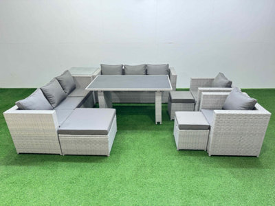 Fimous 11 Seater Wicker Pe Rattan Furniture Outdoor Dining Table 3 Seater Sofa Armchair Set With Side Table 3 Stools Light Grey - image 1