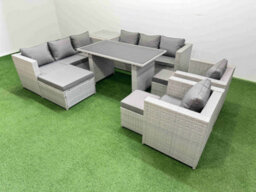 Fimous 11 Seater Wicker Pe Rattan Furniture Outdoor Dining Table 3 Seater Sofa Armchair Set With Side Table 3 Stools Light Grey - thumbnail 2