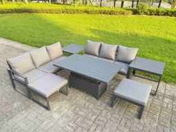 Fimous 7 Pieces Garden Furniture Set Aluminium Adjustable Rising Lifting Dining Table And Sofa Set With 2 Side Tables - thumbnail 1