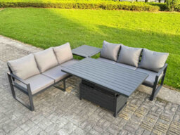 Fimous 4 Pieces Garden Furniture Set Aluminium Adjustable Rising Lifting Dining Table And Sofa Set With Side Table Dark Grey - thumbnail 1