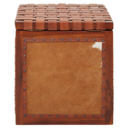 Orsina  Storage Stool With Metallic Stud Trim,teak Wood Seat With Hair-On-Leather Base,latticed Leather Top Stool - thumbnail 5