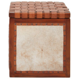 Orsina  Storage Stool With Metallic Stud Trim,teak Wood Seat With Hair-On-Leather Base,latticed Leather Top Stool - thumbnail 4