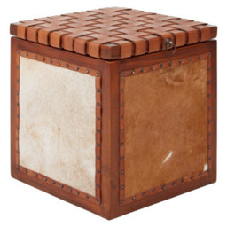 Orsina  Storage Stool With Metallic Stud Trim,teak Wood Seat With Hair-On-Leather Base,latticed Leather Top Stool - thumbnail 2