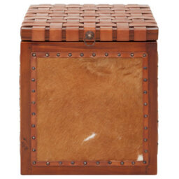 Orsina  Storage Stool With Metallic Stud Trim,teak Wood Seat With Hair-On-Leather Base,latticed Leather Top Stool