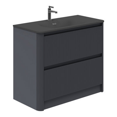 Plum&clay Isla Ribbed Fluted Grey 2 Drawer Freestanding Bathroom Vanity Unit & Black Basin Set (W)1000mm - image 1