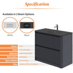 Plum&clay Isla Ribbed Fluted Grey 2 Drawer Freestanding Bathroom Vanity Unit & Black Basin Set (W)1000mm - thumbnail 5
