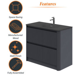 Plum&clay Isla Ribbed Fluted Grey 2 Drawer Freestanding Bathroom Vanity Unit & Black Basin Set (W)1000mm - thumbnail 6