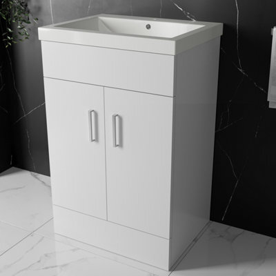 FNX Bathrooms 600mm Floor Standing Vanity Unit & Basin Storage Cabinet With Soft Close Doors Gloss White - image 1
