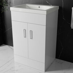 FNX Bathrooms 600mm Floor Standing Vanity Unit & Basin Storage Cabinet With Soft Close Doors Gloss White - thumbnail 1
