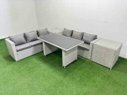 Fimous Rattan Garden Furniture Dining Set 6-Seater Patio Rectangular Table Sofa Set With 2 Side Tables Light Grey - thumbnail 1