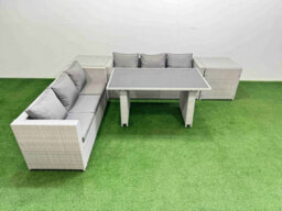 Fimous Rattan Garden Furniture Dining Set 6-Seater Patio Rectangular Table Sofa Set With 2 Side Tables Light Grey - thumbnail 2