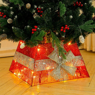 Living And Home Square Led Lighted Christmas Tree Collar Tree Skirt Stand Basket Decor With Bow Tie  30Cm (H) - image 1