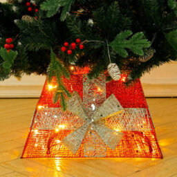 Living And Home Square Led Lighted Christmas Tree Collar Tree Skirt Stand Basket Decor With Bow Tie  30Cm (H) - thumbnail 3