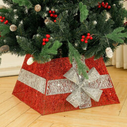 Living And Home Square Led Lighted Christmas Tree Collar Tree Skirt Stand Basket Decor With Bow Tie  30Cm (H) - thumbnail 2