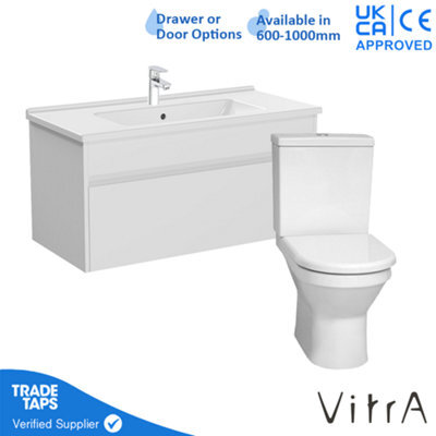 Vitra 1000mm Wall Hung Bathroom Vanity Unit With 1 Drawer Includes Basin, Chrome Tap And Close Coupled Toilet Set - White Gloss - image 1
