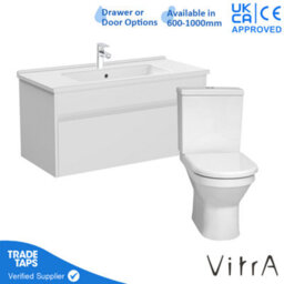 Vitra 1000mm Wall Hung Bathroom Vanity Unit With 1 Drawer Includes Basin, Chrome Tap And Close Coupled Toilet Set - White Gloss - thumbnail 1