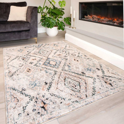 Loomed Neutral Blue Distressed Tribal Diamond Soft Living Area Rug 120X170Cm - image 1