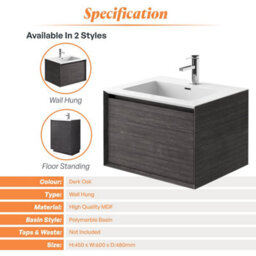 Plum&clay Matterhorn Dark Oak Wall Hung Bathroom Vanity Unit With White Basin (W)600mm (H)450mm - thumbnail 4