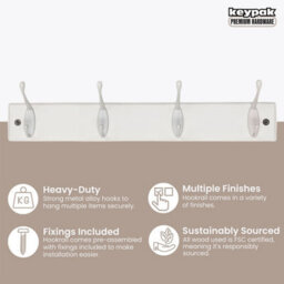 Keypak Coat Rack Wall Mounted White 4 Double Hooks - White Pine Rack 45Cm Clothes Hanger For Hallway, Bedroom, Bathroom - thumbnail 2