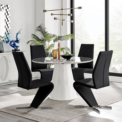 Furniturebox Uk Palma White Marble Effect Round Dining Table & 4 Black Willow Chairs - image 1