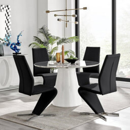Furniturebox Uk Palma White Marble Effect Round Dining Table & 4 Black Willow Chairs - thumbnail 1