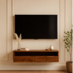 Artisan Furniture Solid Wood Lunar Chestnut Wall Mounted Media Unit, 2 Drawers And Open Shelf, Dark Brown