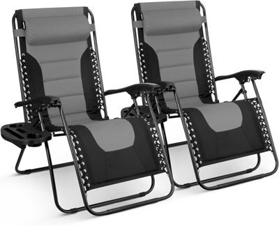 Keplin 2 Pack Xxl 110X70X90Cm Heavy-Duty Colour Block Zero Gravity Chairs, Cup & Phone Holder, Foldable, Grey - image 1