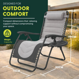 Keplin 2 Pack Xxl 110X70X90Cm Heavy-Duty Colour Block Zero Gravity Chairs, Cup & Phone Holder, Foldable, Grey - thumbnail 2