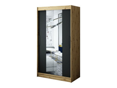 Arte Leto T1 Contemporary 2 Sliding Mirror Door Wardrobe 5 Shelves 2 Rails Black Matt And Oak Effect (H)2000mm (W)1200mm (D)620mm - image 1