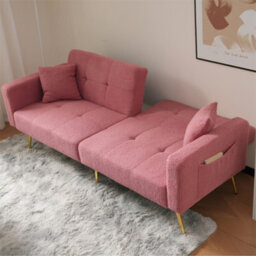 Abrihome Sofa Bed, Three Adjustable Backrest Angles, Gold Legs, Cushions And Side Storage Pockets, Pink - thumbnail 6