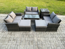 Fimous Outdoor U Shape Sofa Set Wicker Pe Rattan Garden Furniture Set With Coffee Table Double Seat Sofa 2 Big Footstool - thumbnail 2