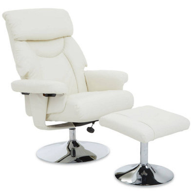 Orsina Ivory Leather Effect Reclining Chair And Footstool, Easy To Clean Leather Chair, Comfy Footstool