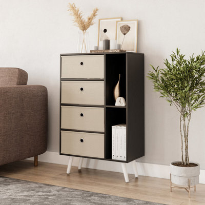 Urbn-Living Urbnliving 84Cm Height Black 6 Section Wooden Storage Bookcase With White Legs Beige Drawers - image 1