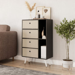 Urbn-Living Urbnliving 84Cm Height Black 6 Section Wooden Storage Bookcase With White Legs Beige Drawers - thumbnail 1